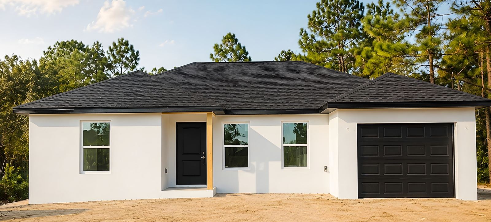 The Egret under construction in Punta Gorda, Florida — front door and garage door installed