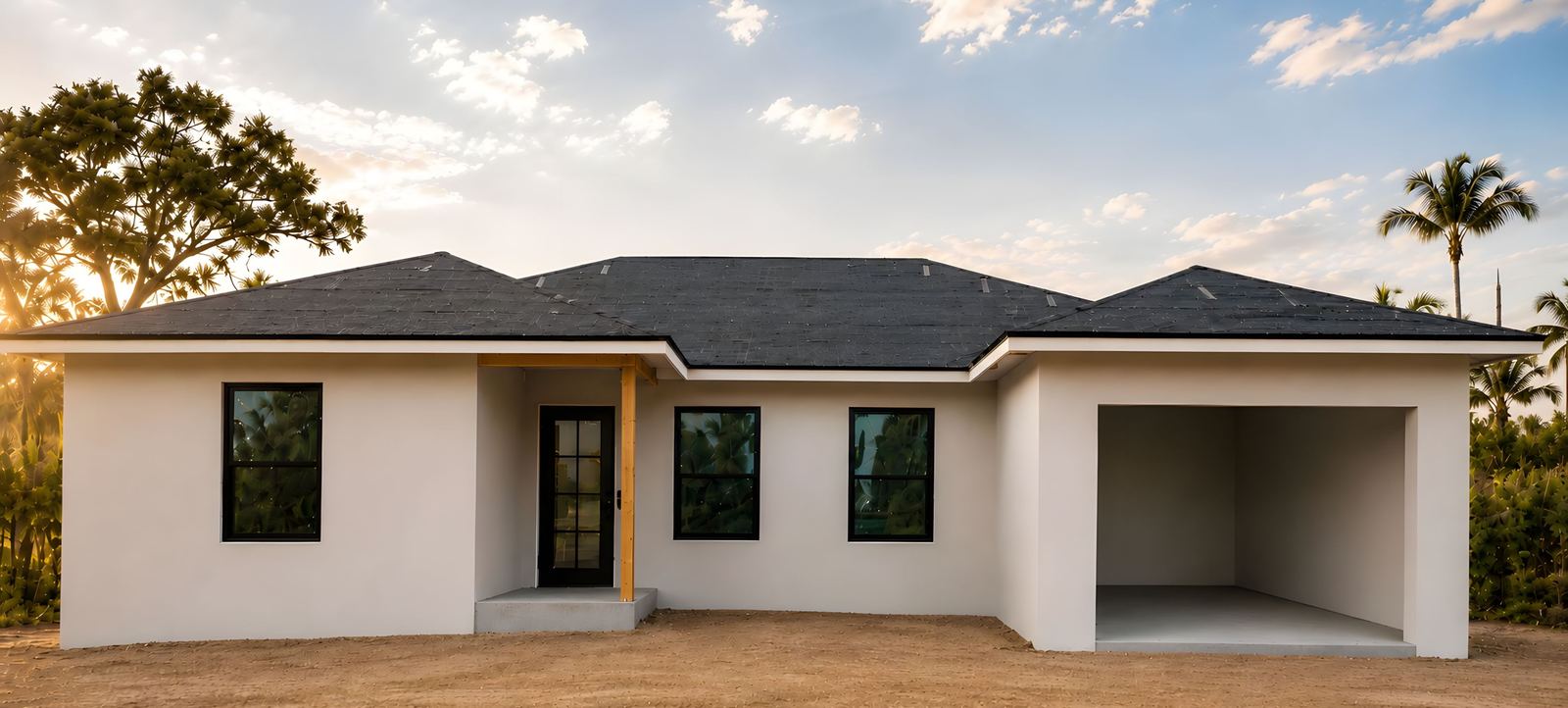 The Egret under construction in Punta Gorda, Florida — impact windows installed, garage opening not yet fitted