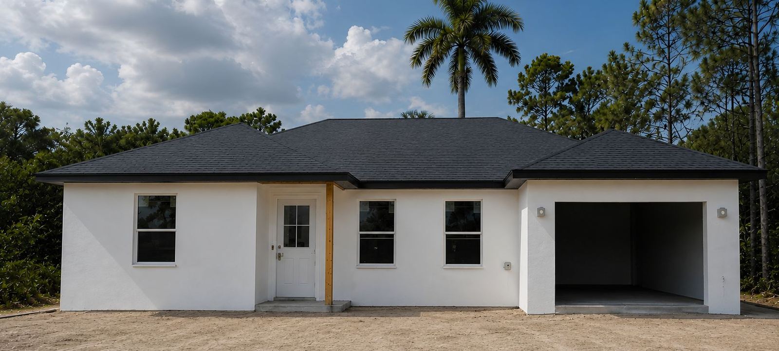 A third Egret under construction in Punta Gorda, Florida — roof and stucco complete