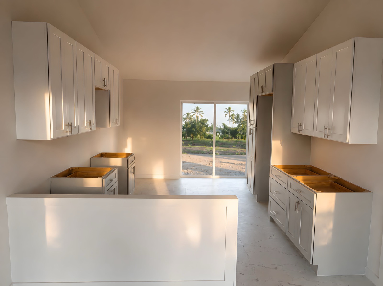 Kitchen of The Egret under construction &mdash; cabinets installed ahead of countertops