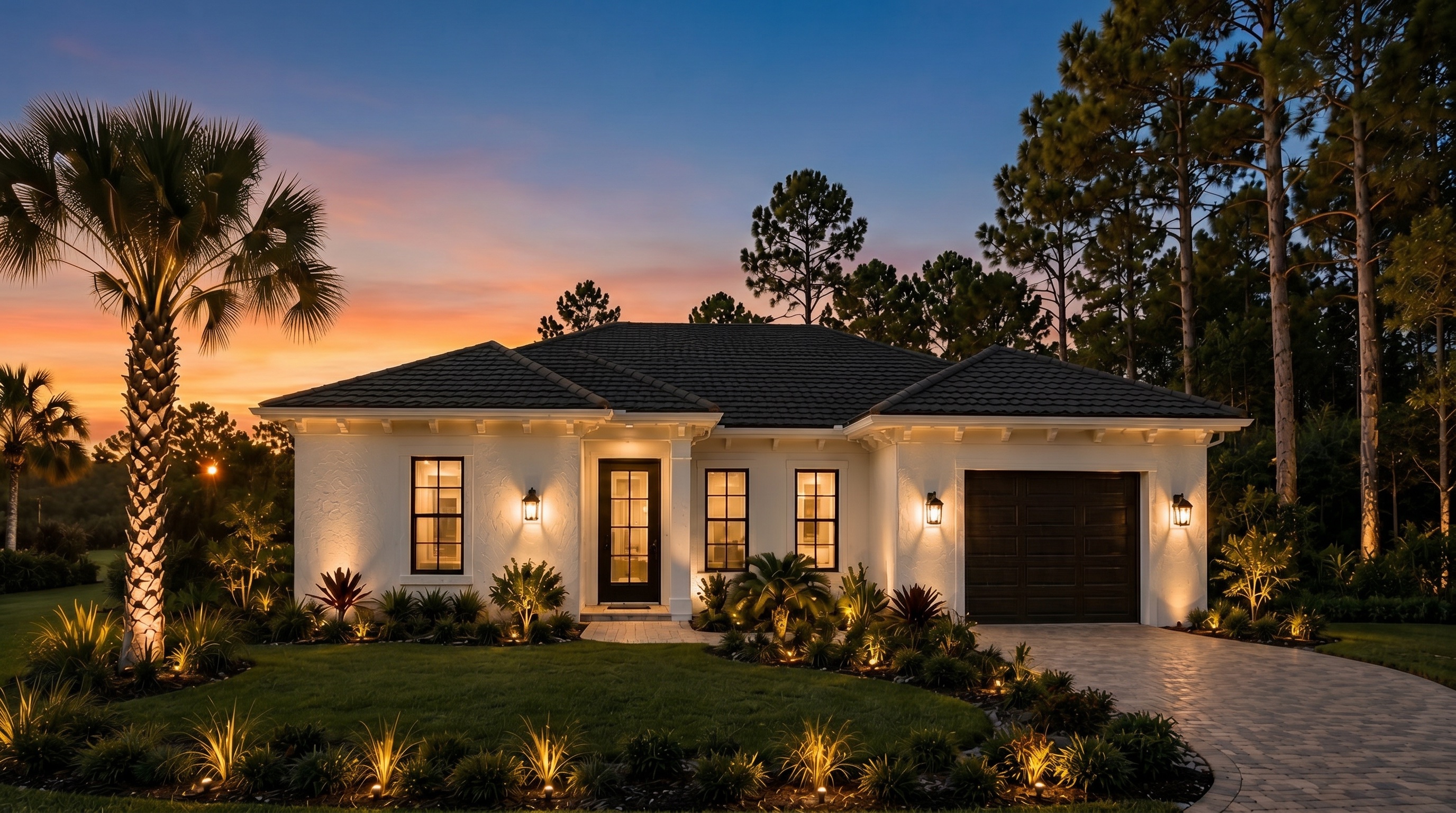 The Egret — new construction home in Punta Gorda at sunset