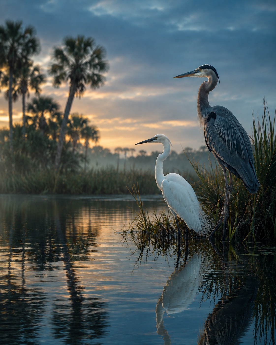 Great blue heron and egret at dawn on a Florida waterway near Punta Gorda