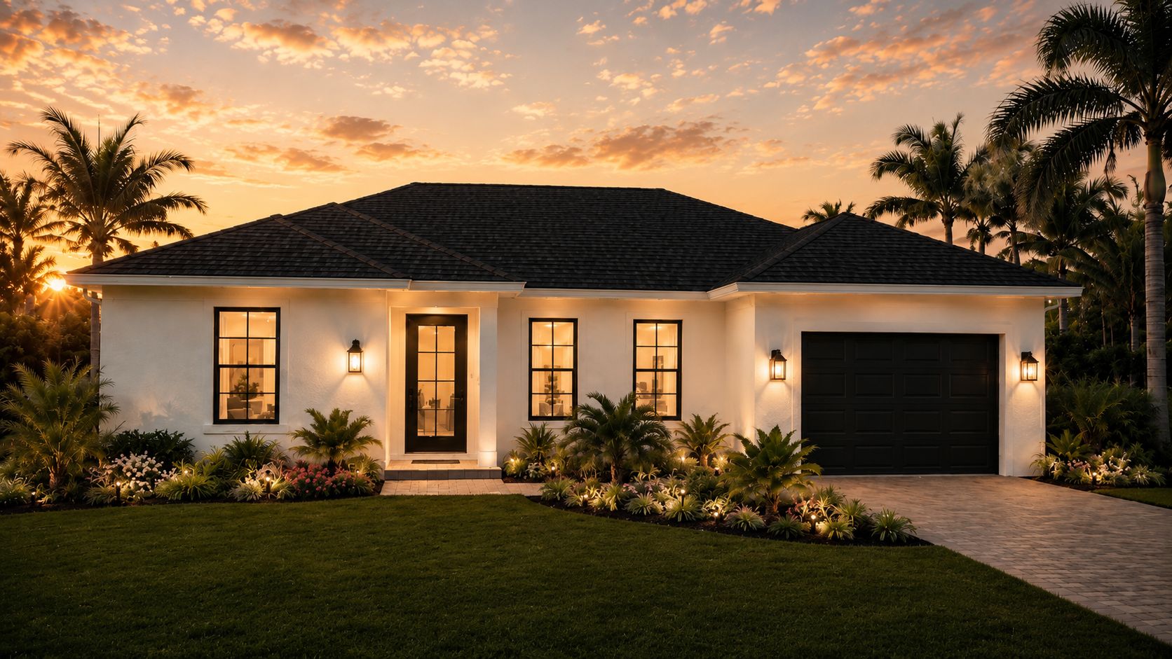 The Egret — new construction home in Punta Gorda, Florida at sunset