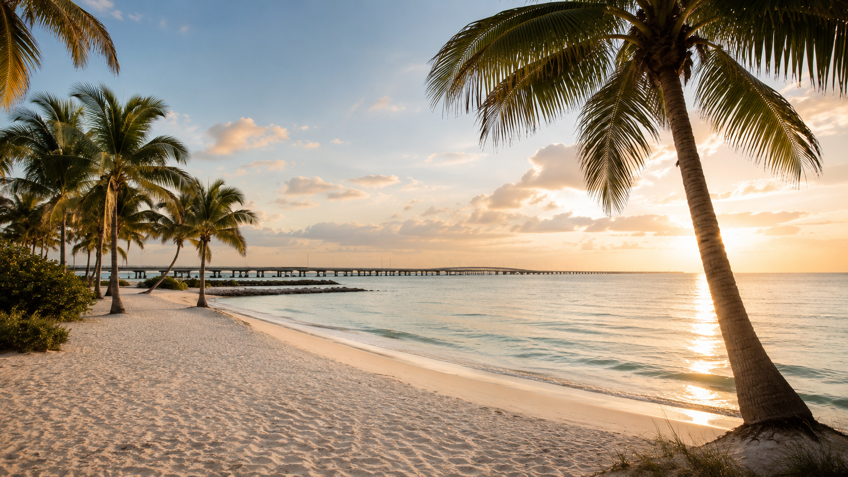 Palm trees and beach at sunset, Punta Gorda area, Florida