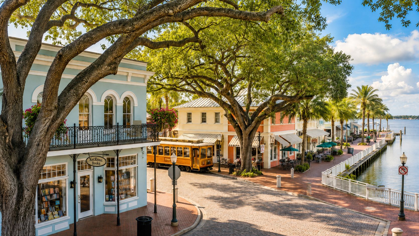 Historic downtown Punta Gorda with waterfront shops and palm trees