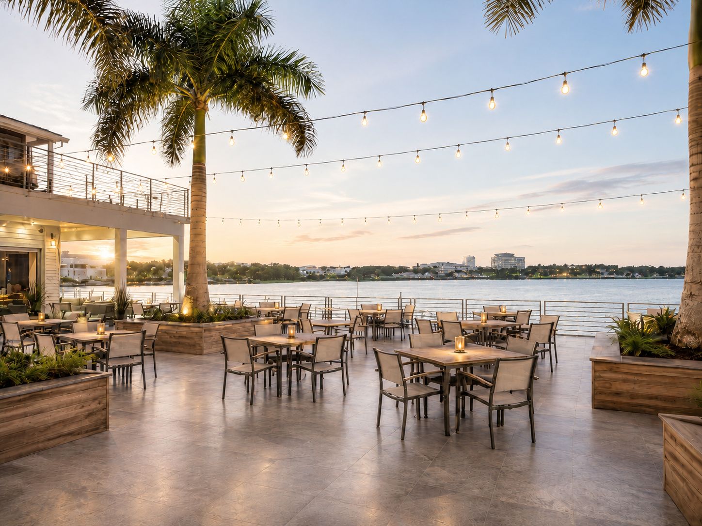 Waterfront restaurant terrace at dusk in Punta Gorda, Florida
